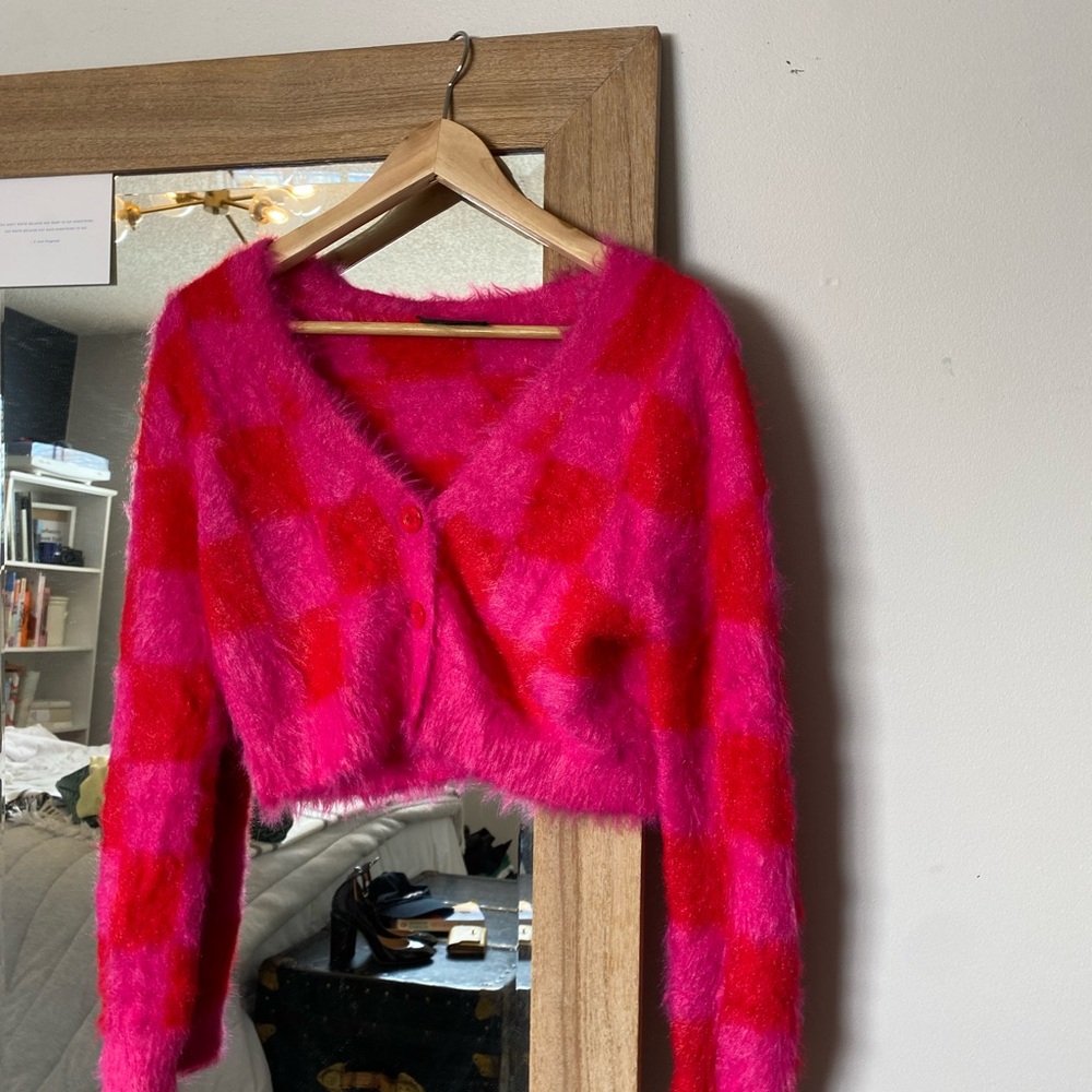 Lazy Oaf Pink and Red Checkered Cardigan